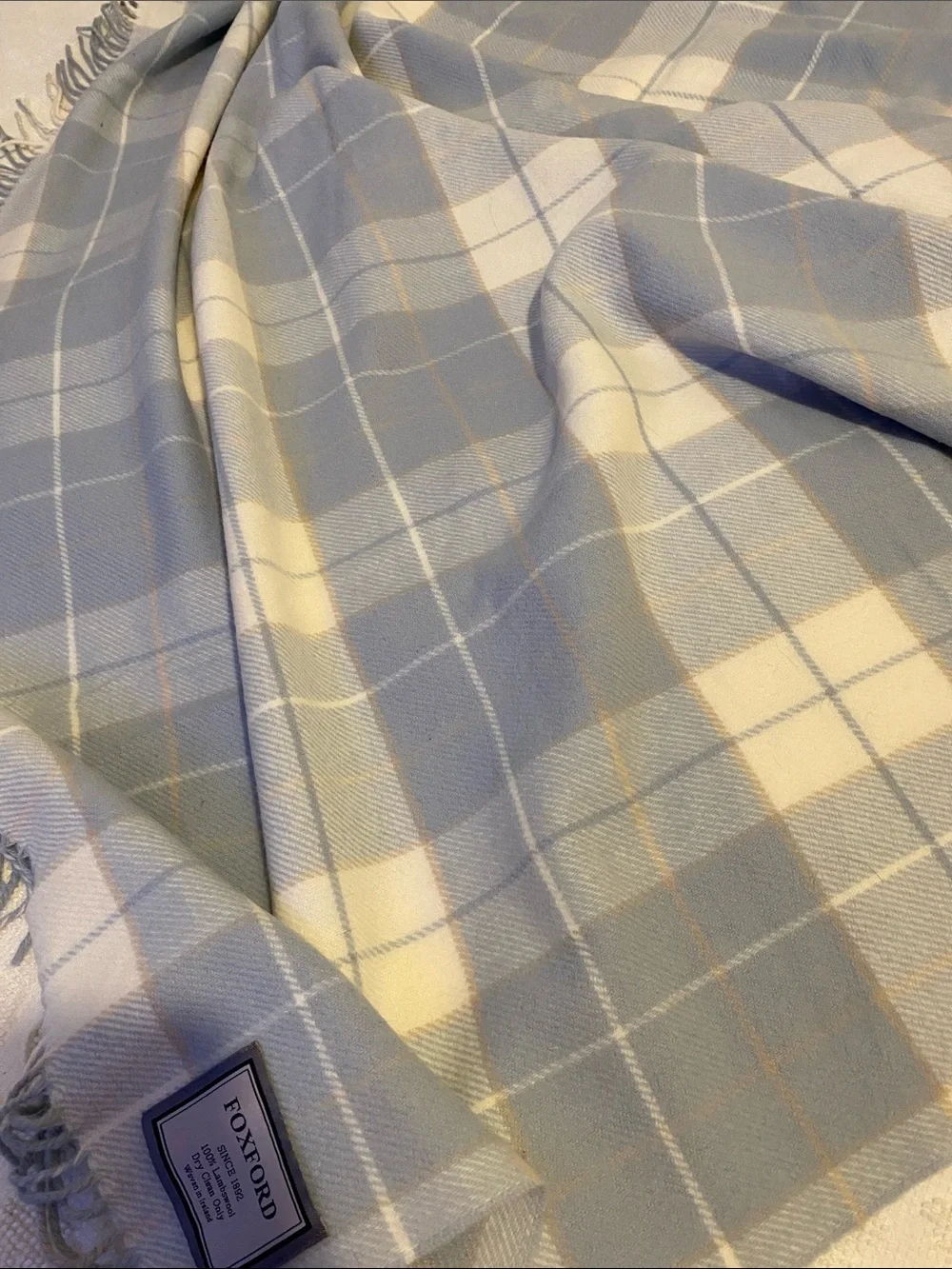 Foxford lambs wool Soft Blue and Cream Plaid Throw Blanket - Classic Cozy Throw